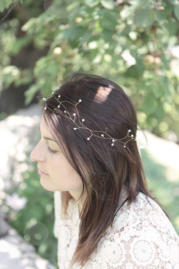 زفاف - Pearl hair vine, wedding hair crown, Bridal halo, double head band, bride hair accessories, gold hair wreath, head wrap - JUSTINE