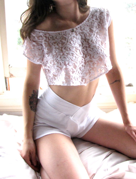 Wedding - White Sheer Lingerie Crop Top Tank- womens clothing lace shirt- wedding camisole- see through lingerie- bohemian clothing- upcycled clothing