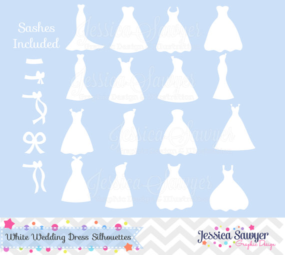 Wedding - INSTANT DOWNLOAD, white bridesmaid dresses silhouettes clipart, silhouette clipart,  for greeting cards, announcements, scrapbooking