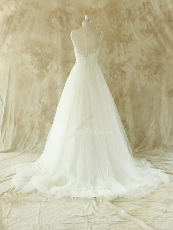 زفاف - Romantic Ivory A line lace wedding dress with sheer back