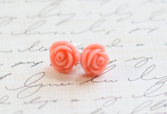 Hochzeit - Mini Vintage Coral Rose Earrings - Coral Bridesmaid Earrings - Rose Coral Earrings - Flowergirl Earrings