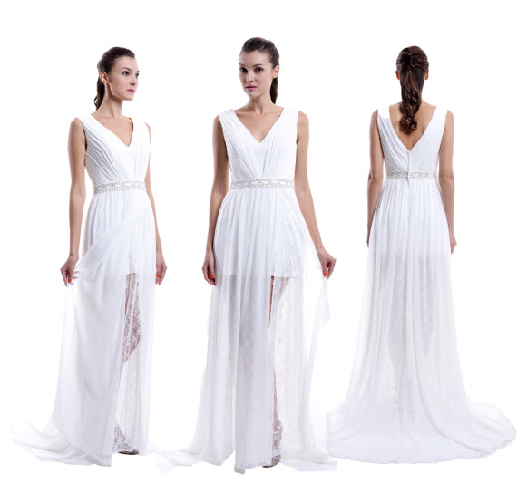 Wedding - V-neck Lace Chiffon Wedding Dress, Elegant Custom Made Bridal Wedding Dress, Beading Wedding Dress With Slit