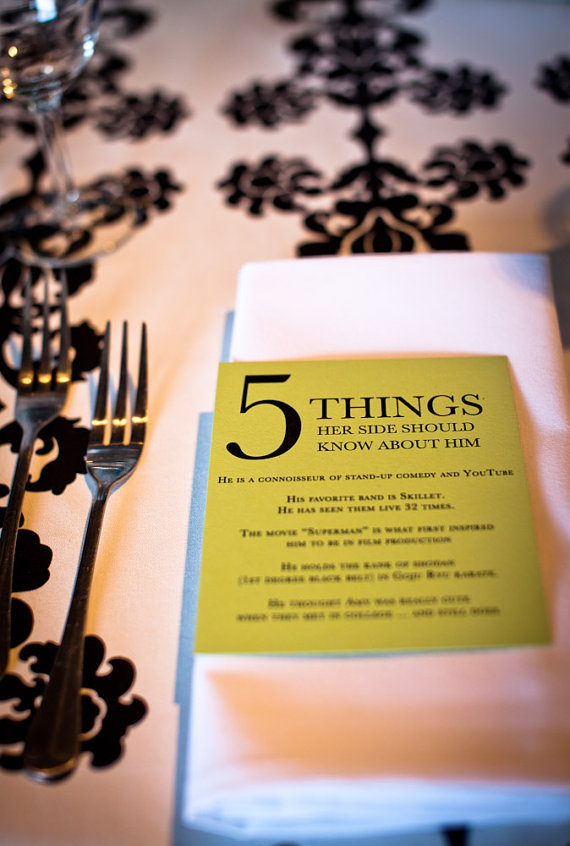 Mariage - Wedding Reception Cards - Five Things About Him and Her featured by Bridal Guide