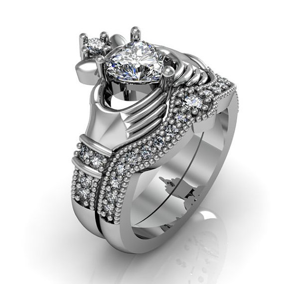 Wedding - Claddagh Ring - Sterling Silver Cubic Zirconia Love and Friendship Engagement Ring Set