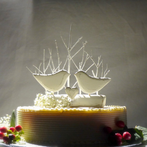 Wedding - Love Birds Wedding Cake Topper, Bird Cake Topper/ White Wedding/ Wooden Anniversary Gift