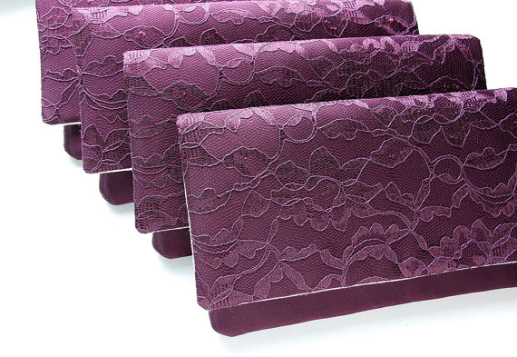 Wedding - 5 Bridesmaid Clutches - Eggplant Purple Clutch - Lace Wedding Clutch - Bridesmaid Gift Idea - Design Your Own Bridal Collection