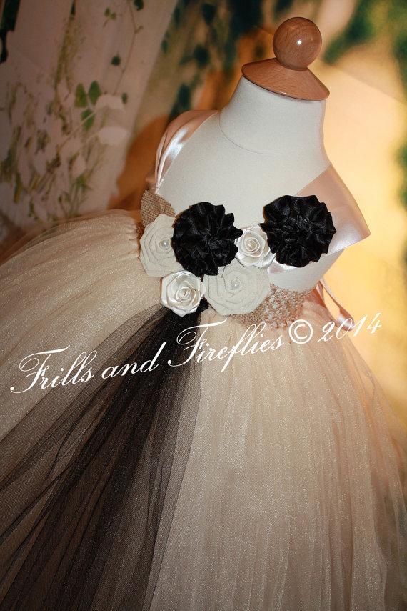 Wedding - Champagne and Black Flower girl dress, Flowergirl Dress with Satin Ribbon Shoulder Straps, Weddings, Birthdays 18-24 Mo 2t,3t,4t,5t, 6