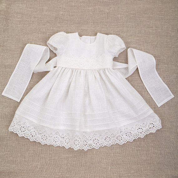 Свадьба - Baby girl baptism linen dress heirloom gown special occasion blessing christening newborn coming home flower girl dress vintage lace white