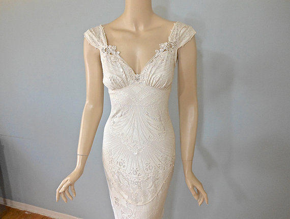 Wedding - Vintage Inspired Bohemian Wedding Gown, Victorian Lace Wedding Dress Beach Wedding Dress, LACE BoHo Wedding Dress, Sz Medium