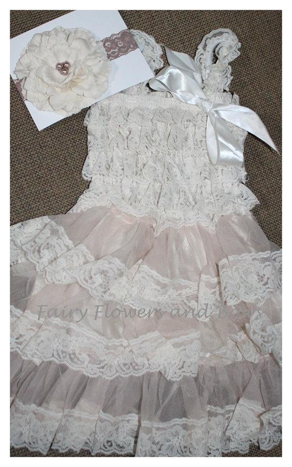 Wedding - Champagne  Rustic Lace Chiffon Dress with Matching Headband...Flower Girl Dress, Wedding Dress, Baptism Dress  (Infant, Toddler, Child)