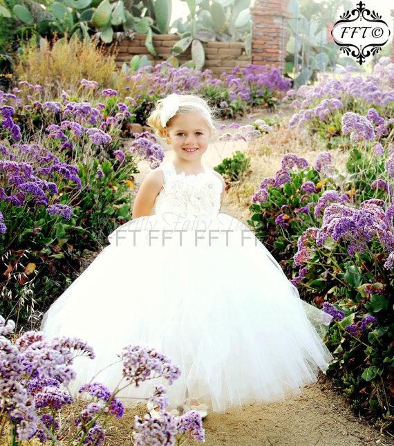 زفاف - Ivory Lace Flower Girl Dress White, Rustic, Tulle, Country, Vintage, Shabby Chic, Tutu Dress, Newborn-24m, 2t,2t,4t,5t, 6, birthday