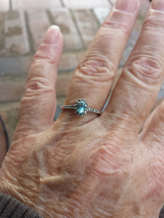 Wedding - vintage genuine .5ct aquamarine designer signed halo engagement or right hand sterling ring c044038