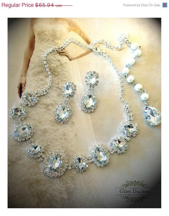 زفاف - Wedding jewelry set, Bridal jewelry set, back drop necklace earrings, rhinestone necklace, crystal necklace, bridesmaid jewelry set