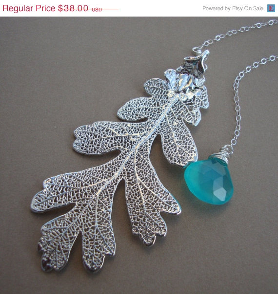 زفاف - VALENTINES SALE Real Oak Leaf Lariat Necklace &Gemstone on STERLING Silver, Bridal Jewelry, Wedding, Gift for Her, Mother Lariat, Bridesmaid