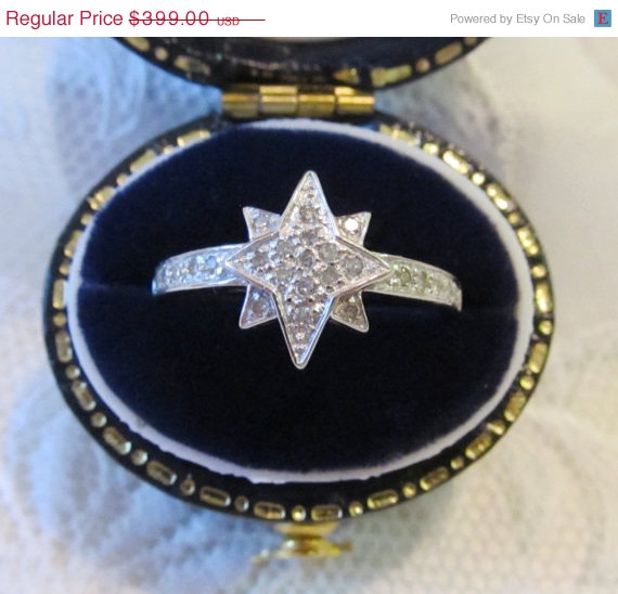 Hochzeit - VALENTINES DAY SALE Estate Diamond Pavé Star Engagement Ring 14k White Gold/ Vintage North Star