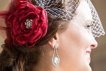 Wedding - Scarlet Red bridal hair accessories , bridal hair flower, wedding veil Floral Fascinator with birdcage bandeau veil