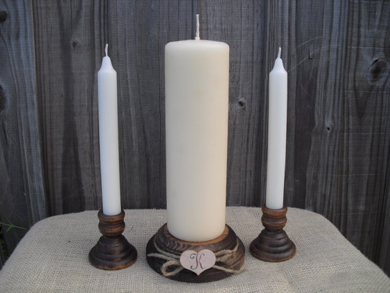 Wedding - Wood Unity Candle Set - Rustic with Monogram - Item 1008
