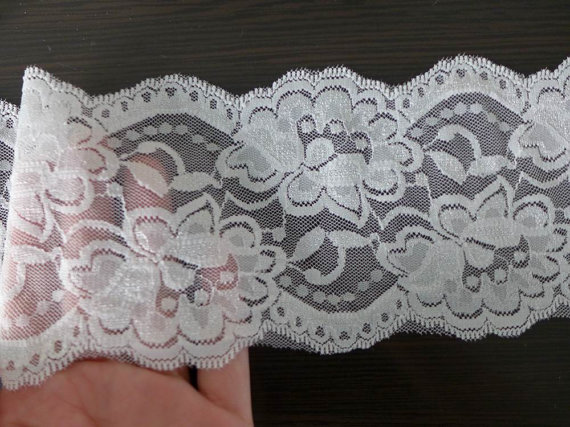 Hochzeit - 2 Yds of Vintage White Stretch Lace Rose pattern Elastic Lace Fabric Trim for Bridal, Wedding Garters, Baby Headband, Lingerie
