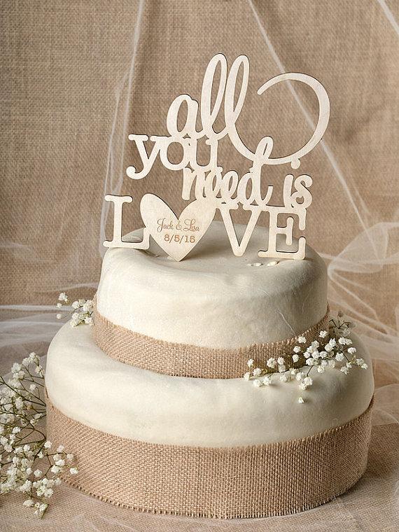زفاف - Rustic Cake Topper, Wood Cake Topper,  All you need is love Cake Topper, Engraved  Cake Topper, Wedding Cake Topper,
