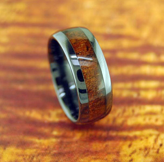 Mariage - Black Ceramic Koa Wood Ring  - Wedding Ring - 8MM - Promise/Engagement Ring