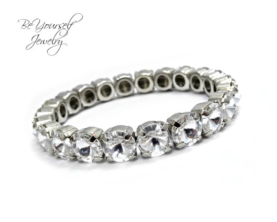 زفاف - Bridal Bracelet White Crystal Bracelet Swarovski Crystal Rivoli Stretch Bracelet Sparkly Tennis Bracelet Bridesmaid Gift Wedding Jewelry