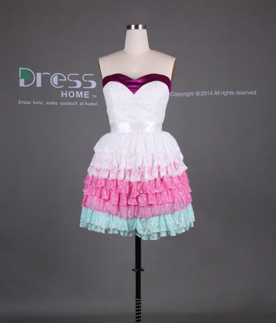 زفاف - Colorful Sweetheart Purple Pink Green White Lace Ball Gown Short Homecoming Dress/Sexy Mini Cocktail Dress/Flower Girls Dress DH312