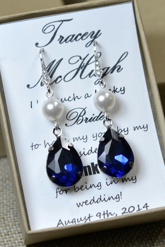 Mariage - Navy blue EARRINGS,sapphire blue Wedding Jewelry Bridesmaid Gift Bridesmaid Jewelry Bridal Jewelry tear Earrings SET,bridesmaid gift