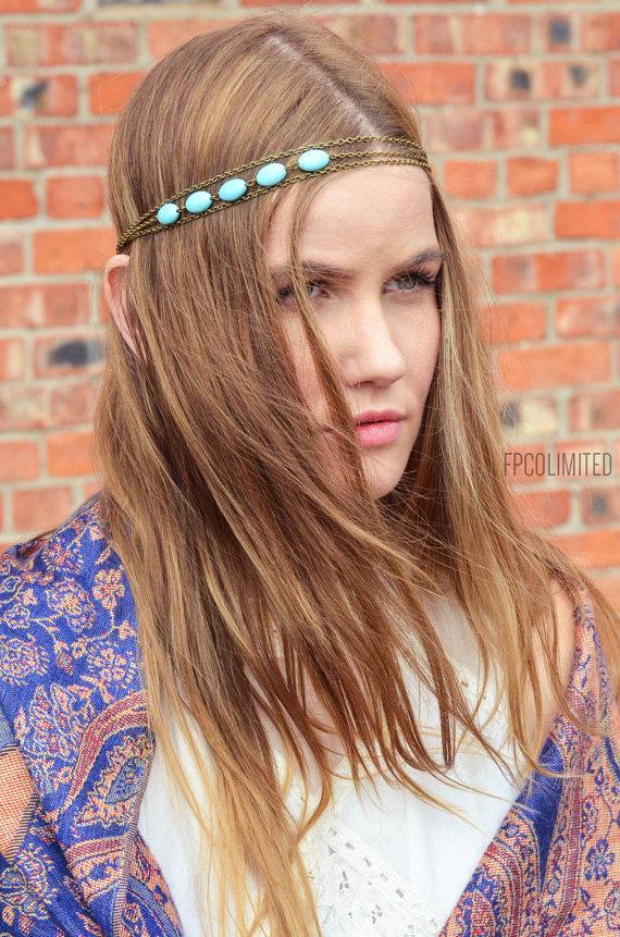 Hochzeit - Chain Headpiece Headband Hair Piece Bohemian Hipster Boho Hippie Bronze Three Strand Turquoise Bridal  Jewelry Single HP3TQ
