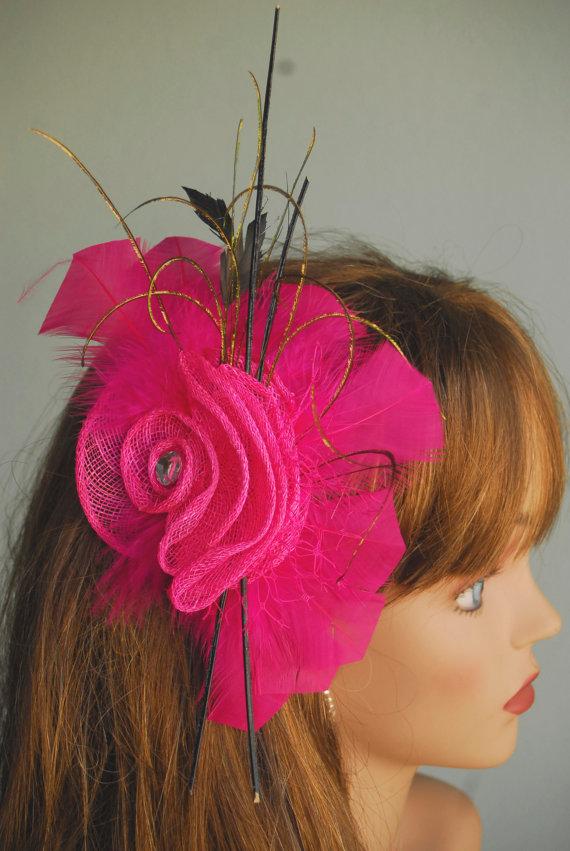 Hochzeit - Hot Pink Wedding Hair Clip Feather Mesh Clip And Pin Wedding Accessory Bridal Hair Clip