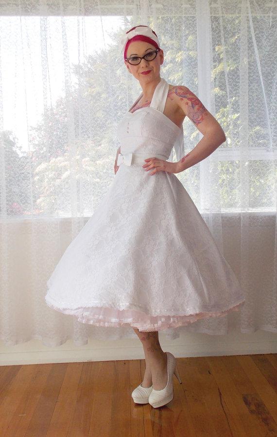Hochzeit - 1950s Rockabilly Wedding Dress 'Clarissa' with Lace Overlay, Sweetheart Neckline, Tea Length Skirt and Petticoat - Custom made to fit