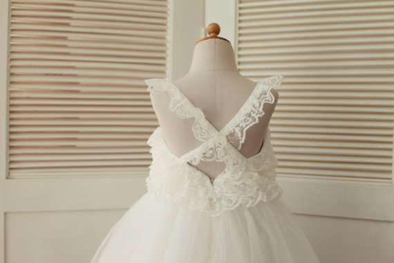 Свадьба - Lace Tulle TUTU Flower Girl Dress Cross Back Junior Bridesmaid Dress Toddler Kids Dress for Wedding