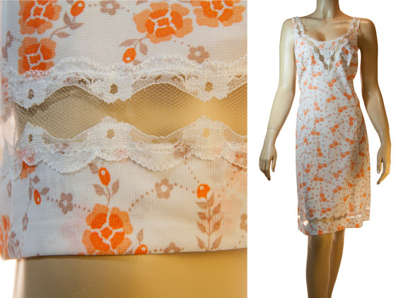 زفاف - XL 1960's vintage romantic semi-sheer soft slinky white and orange floral design nylon and white lace detail full slip petticoat - PL1008
