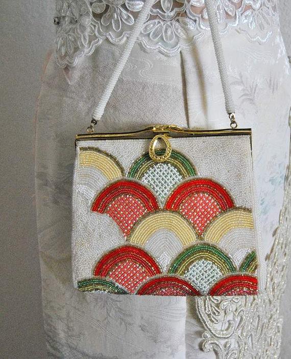 Hochzeit - Fabulous Katawaguruma Beaded Bag Wedding Purse Handbag Japanese Clutch Evening Vanity Vintage Handmade