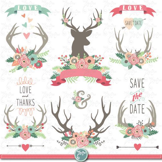 Wedding - Wedding clip art "WEDDING FLORAL ANTLERS" Clipart,Floral Antlers,Vintage Flowers Wreath,Flower frames,Wedding Wreath,Wedding invitationWd091