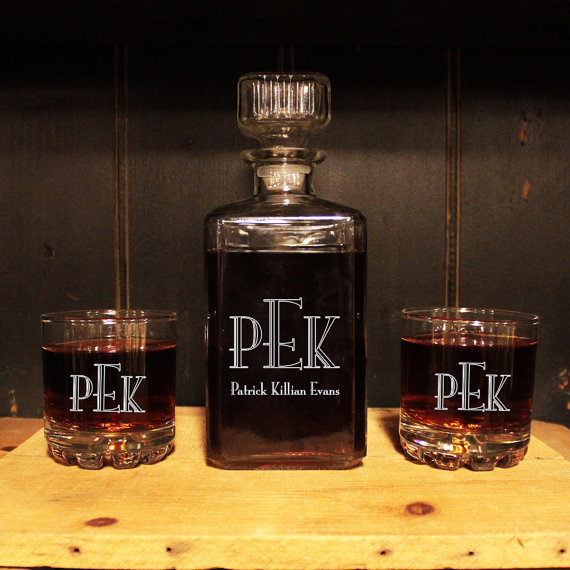 Mariage - MONOGRAMMED Glass Whiskey Decanter 3pc set , Barware, Personalized Groomsmen Gifts, Man Cave, Best Man Gift for him