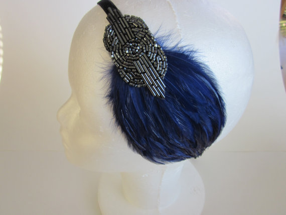 زفاف - Blue Gatsby Headband Pewter Gray Beading, Blue Feather 1920s Party Flapper Headpiece, Pewter Beading Blue Feather headpiece