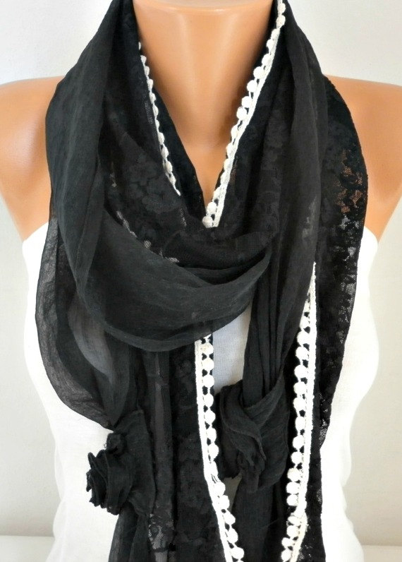 Mariage - Black Scarf - Lace Scarf Shawl  Cowl  Scarf Gift Ideas For Her Women fashion Accessories Bridesmaid Gift Christmas Gift