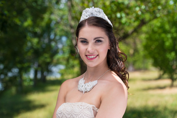 Hochzeit - Vintage inspired  ivory lace crystal embellished headband tiara