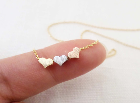 Hochzeit - Tiny 3 hearts necklaces, gold, silver, and rose gold hearts on gold, rose gold, silver chain...daint, simple, birthday,  wedding, bridesmaid