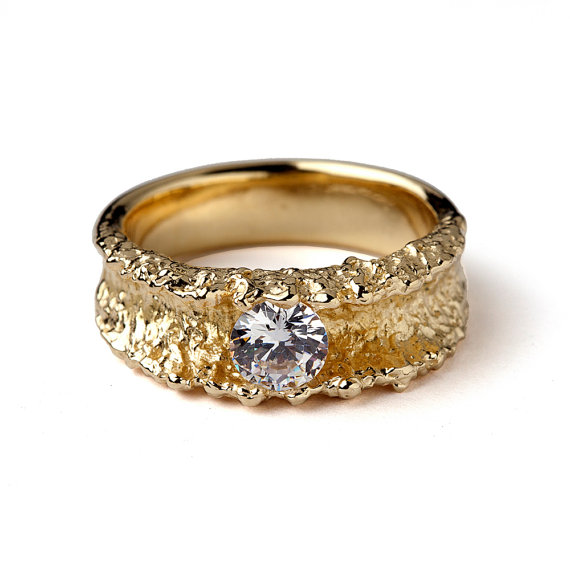 Wedding - SURF Yellow Gold Engagement Ring, Unique CZ Engagement Ring, Organic Gold Ring, Round Solitaire Engagement Ring