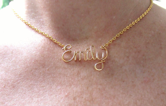 زفاف - 24K Gold Name Necklace, Personalized Necklace, Custom Made Wire Name, Personalized Bridesmaid Gift,  Jewelry Gift Under 20