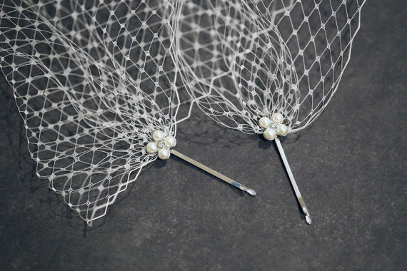 Свадьба - Wedding Bridal Birdcage Veil Ivory  Bandeau Style Veil 9 inch French Net on Rhinestones Pearls Bobby Pins