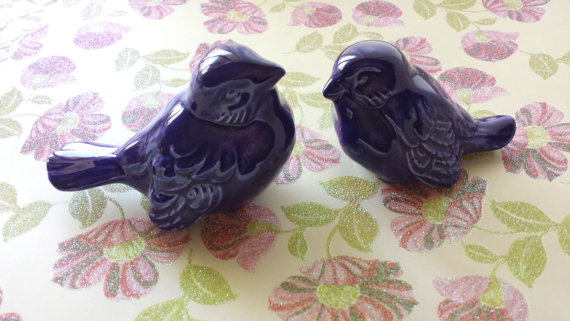 Wedding - Purple Wedding Cake Topper Ceramic Birds