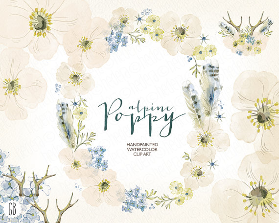 Hochzeit - Watercolor alpine poppy wreath, hydrangea, feathers, hand painted, wedding flowers, antlers, bouquet florals, floral clip art, watercolour