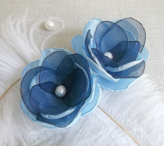 Hochzeit - Navy sky blue fabric flowers in Handmade Bridesmaids hair shoe clip dress sash accessory brooch pin, Flower girls gift Blue Weddings
