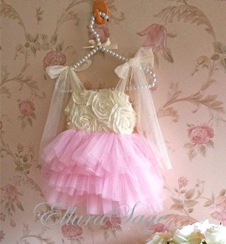 زفاف - Ivory and Pink Rosette Tutu Dress, Toddler Light Pink Tutu Dress, Ivory Flower Girl Dress, Pink Flower Girl Dress, Baby Girl Party Dress