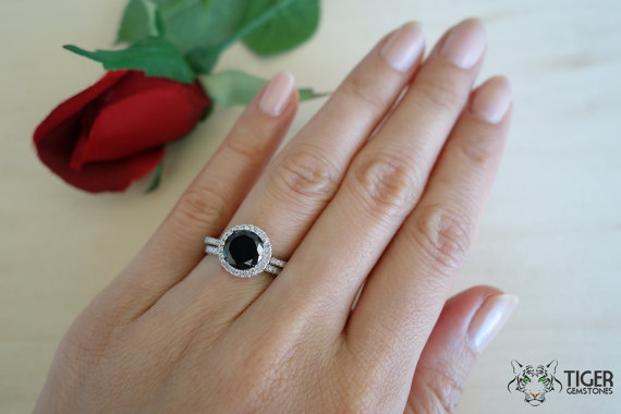Hochzeit - 2.25 Carat Round, Halo Gatsby, Wedding Set, Engagement Ring, Band, Flawless Man Made Black Diamond, Promise Ring, Bridal, Sterling Silver