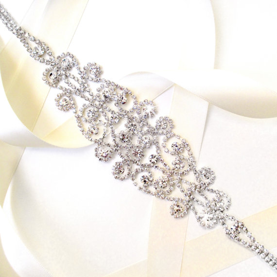 Свадьба - Fancy Rhinestone Bridal Belt Sash or Headband - Satin Ribbon - Extra Long Silver and Crystal Wide Wedding Dress Belt