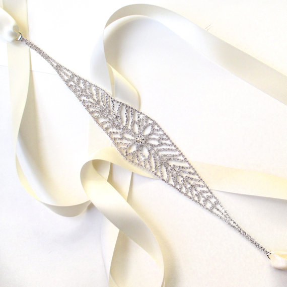 Hochzeit - Snazzy Silver Rhinestones Bridal Belt Sash - White Ivory Silver Satin Ribbon - Rhinestone Crystal - Wide Wedding Dress Belt
