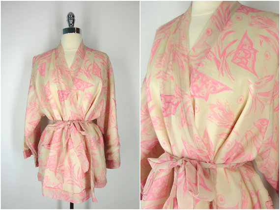 Mariage - Kimono / Silk Kimono Robe / Kimono Cardigan / Kimono Jacket / Wedding lingerie / Vintage Sari / Art Deco / Downton Abbey / Pink Floral